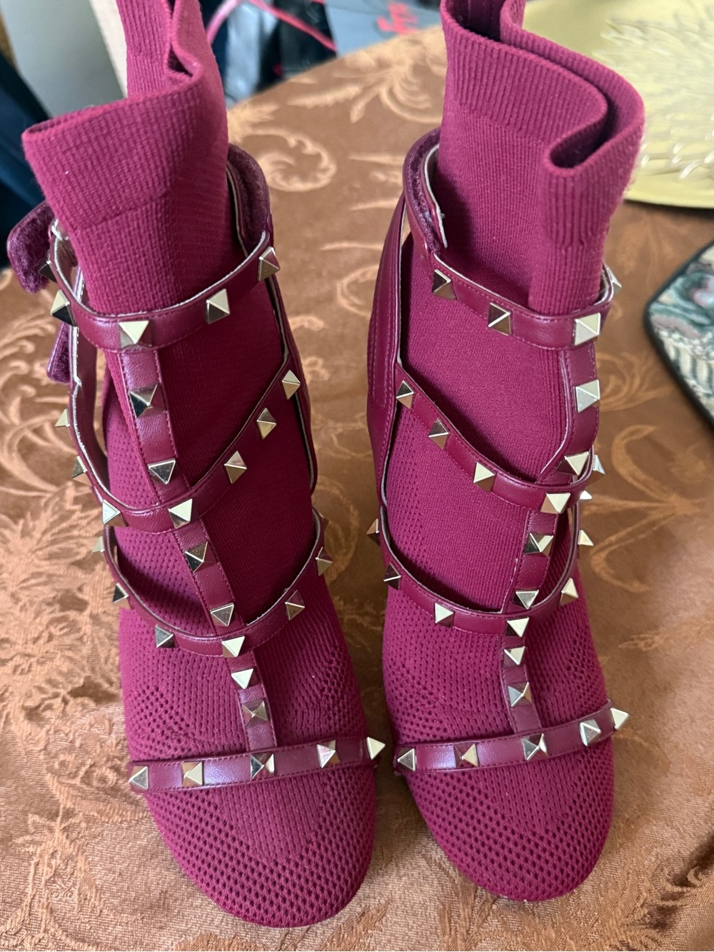 Valentino Garavani Burgundy Studded Knit Sock Booties